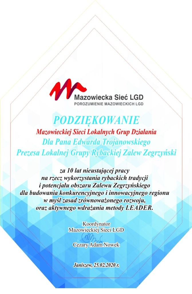 podziekowanie LGR Zalew Zegrzynski mazowiecka sieć lgd